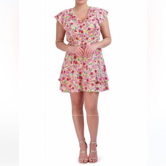 BCBG Paris Spring Floral Ruffle Yellow, White, Red & Pink  Mini Dress - Picture 1 of 9
